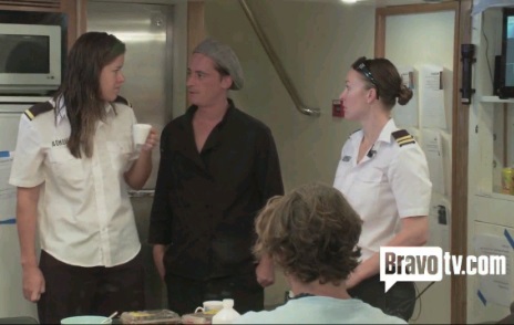 From Bravo's "Below Deck": Chef Ben discusses the use of the guest fruit supply in making endless amounts of juice with stewardesses Sam Orme and Adrienne Gang. Photo Source: BravoTV.com