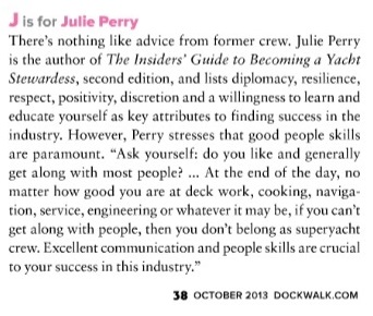 Julie Perry in A-Z Guide for Green Yacht Crew "J" is for "Julie Perry" - From the "A-Z Guide for Green Crew" article in Dockwalk October 2013 by Alex Speed, p. 38.
