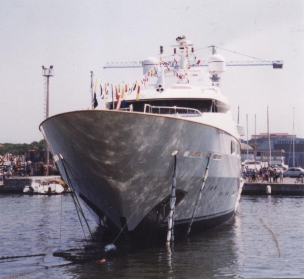 M/Y "Lionheart" -- now called "Cuor Di Leone" and used as M/Y 'Honor" on Bravo TV's "Below Deck" -- just after it was christened by its then owner and launched from Benetti Shipyard, July 1999.