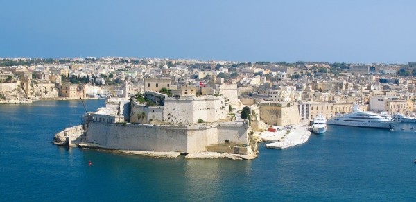 View to Vittoriosa Harbor, Valletta, capital of Malta, with superyachts in harbor.