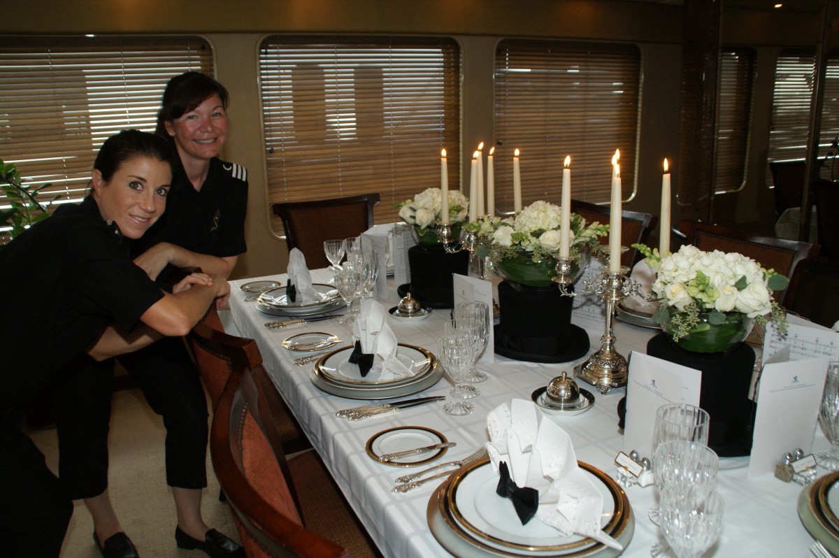 From the 2nd Annual Perfect Setting Tabletop Challenge, presented by Presented by Yacht Next at the 2009 Fort Lauderdale International Boat Show.  3rd Place Winners in the "Putting on the Ritz" category, Gina Loesby and Sarah Harvey, of M/Y "Zelda."