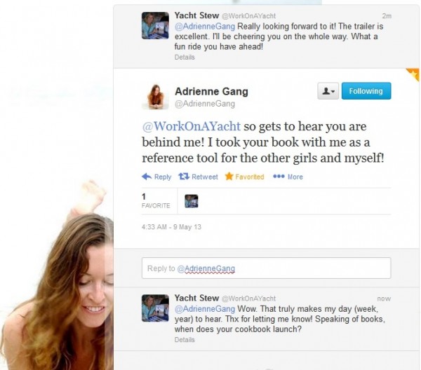 A Twitter conversation with "Below Deck" Chief Stewardess, Adrienne Gang, shortly after the official release of the show was announced.